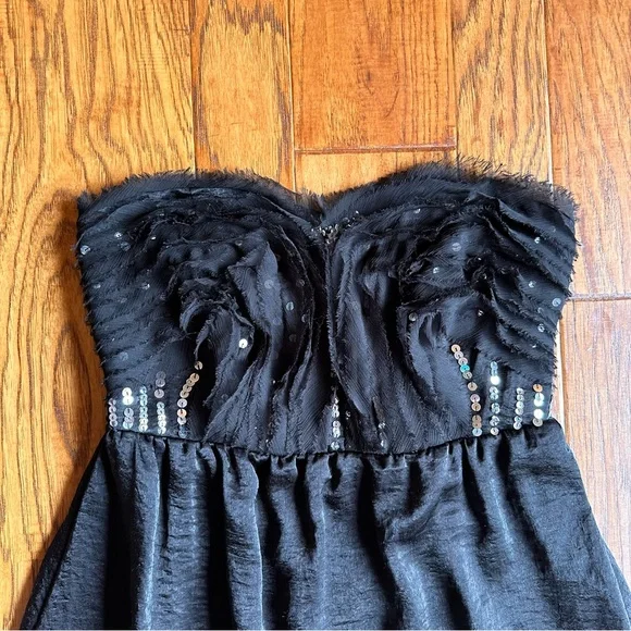 Mustard Seed Black Satin Strapless Mini Dress with Sequins Size Small - Picture 3 of 5